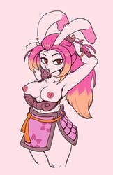 absurd_res anthro breasts chest_tuft clothing female floppy_ears gunfire_reborn hair hi_res highlights_(coloring) lagomorph leporid looking_at_viewer mammal navel nipples orange_highlights pink_hair pink_nose rabbit raised_arms reccand red_eyes simple_background solo tao_(gunfire_reborn) tuft tying_hair