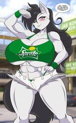 1girls 2019 anthro armpits black_hair blue_eyes blush breasts canine cleavage coca-cola female female_only flexing hair_over_one_eye hand_on_hip huge_breasts kristen_(tristanbeaner) mastergodai muscular muscular_female original original_character seductive seductive_smile short_jeans shorts solo speech_bubble sprite_(soda) text thick_thighs voluptuous white_fur wide_hips wolf