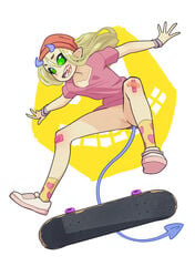 bandaid beanie blonde_hair bottomless clothed demon demon_girl demon_horns demon_tail fangs green_eyes horns jumping long_hair shaved_pussy shirt simple_background skateboard skater_succubus small_breasts sneakers succubus tail the_pink_pirate