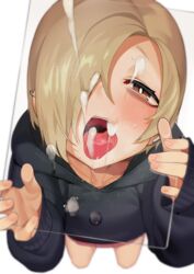 1girls after_fellatio black_hoodie blonde_hair blush brown_eyes collarbone cum cum_in_mouth cum_on_face cum_on_tongue cute dark_circles ear_piercing earrings eye_bags female fingernails from_above glass hair_over_one_eye heavy_breathing hi_res holding hood hood_down hoodie idolmaster idolmaster_cinderella_girls jewelry licking long_sleeves looking_at_viewer miyamae_(miyazen9311) open_mouth petite piercing seductive seductive_look shirasaka_koume short_hair simple_background skirt sleeves_past_wrists solo sweatdrop teeth tongue tongue_out white_background young