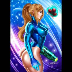 alien arm_cannon ass athletic_female blonde_hair bodysuit bounty_hunter breasts bubble_butt dat_ass fit_female gloves killbiro leotard lips metroid metroid_(creature) muscular_thighs nintendo parasite pinup ponytail samus_aran side_view thick_thighs thong thong_leotard zero_suit zero_suit_samus