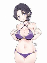 bikini black_hair curvy demon_slayer female female_only hair_ornament kimetsu_no_yaiba looking_away mature_female medium_breasts milf purple_bikini purple_eyes relaxjon solo swimsuit tamayo_(kimetsu_no_yaiba)