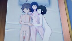 1boy 2girls 3d bed black_hair breasts brown_hair completely_nude completely_nude_female completely_nude_male danganronpa danganronpa_ultra_despair_girls eyes_closed female green_hair group_sleeping hug koikatsu long_hair maizono_sayaka male naegi_komaru naegi_makoto navel nipples nude nude_female nude_male penis pillow pussy short_hair sleeping smooth_skin