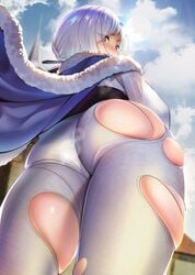 akershus_fortress_(oshiro_project) ass bangs blue_eyes blue_sky blush breasts cape embarrassed female from_behind from_below huge_ass lens_flare long_hair looking_at_viewer looking_back looking_down low-angle_view nanaken_nana no_panties oshiro_project_re pants shiny shiny_clothes shiny_hair shiny_skin short_hair silver_hair skindentation sky solo thighs tight_clothing torn_clothes torn_pants