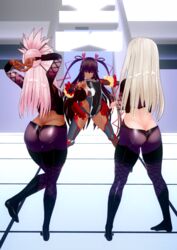 3d 3girls arms_above_head ass big_ass breasts brown_hair chloe_von_einzbern cosplay crossover dark_skin fate/grand_order fate/kaleid_liner_prisma_illya fate_(series) female female_only hair_ribbons illyasviel_von_einzbern leotard long_hair microskirt mizuki_yukikaze multiple_girls negakura_imu nipples nipples_visible_through_clothing pale_skin pink_hair purple_eyes sisters small_breasts taimanin_asagi taimanin_suit taimanin_yukikaze tan tan_skin thighhighs thighs very_long_hair white_hair