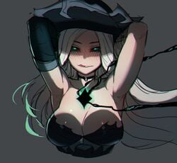 2021 arms_above_head arms_behind_head arms_up black_sclera green_eyes heart-shaped_pupils huge_breasts large_breasts league_of_legends licking_lips miss_fortune possessed possession ratatatat74 riot_games ruination ruined_king_symbol ruined_miss_fortune seductive_eyes seductive_gaze seductive_mouth the_ruined_king_saga tongue tongue_out white_hair