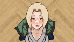 1girls after_sex bedroom_eyes big_breasts blonde_hair blush breasts brown_eyes busty cleavage clothed clothed_female clothing cum cum_on_face female female_only fully_clothed half-closed_eyes huge_breasts kneeling large_breasts licking_cum looking_at_viewer looking_up mature mature_female naruto naruto_(series) open_mouth smilingdog tongue tongue_out tsunade wooden_floor