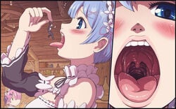 blue_eyes blue_hair female giantess karbo maid maid_uniform male micro mouth_open oral_vore pov presenting_mouth re:zero_kara_hajimeru_isekai_seikatsu rem_(re:zero) tagme tavern tongue vore