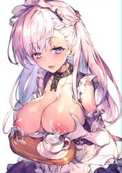 azur_lane belfast_(azur_lane) blue_eyes blush breasts collar cup elbow_gloves eyebrows_visible_through_hair female gloves highres lactating_into_cup lactation large_breasts long_hair looking_at_viewer maid_headdress open_mouth redcomet simple_background smile teacup white_background white_gloves white_hair