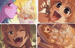 blue_hair blush breasts brown_hair dark_souls female fromsoftware headdress ice_cream karbo male open_mouth purple_skin queen_of_sunlight_gwynevere saliva sharp_teeth tagme tongue_out vore winking