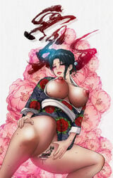 bar_censor big_breasts black_hair blush breasts breasts_out demon_slayer female female_only kimetsu_no_yaiba kimono kimono_lift looking_at_viewer low-angle_view mature_female milf no_panties open_clothes pubic_hair pussy solo sweat tamayo_(kimetsu_no_yaiba)