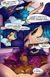 2girls bed blue_hair breasts dark-skinned_female demon_girl demon_horns dialogue english_text female female/female female_only female_pov horns interracial multiple_girls pink_hair pussy speech_bubble succubus tagme text thehungrysuccubus white_skin yuri