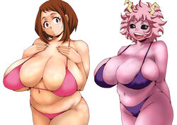 2d 2girls bbw big_breasts bikini brown_hair busty chubby female female_only full_color hi_res huge_breasts mina_ashido my_hero_academia no_penetration ochako_uraraka overweight overweight_female pink_hair pink_skin sacaprico shounen_jump tagme veiny_breasts voluptuous