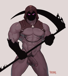 2020 abs absurd_res balls black_face black_hands blade brown_clothing clothing death_(helbram) demon digital_media_(artwork) erection fan_character foreskin genitals glans half-erect hi_res holding_object holding_weapon hood humanoid leather leather_clothing looking_at_viewer male male_only melee_weapon mostly_nude muscular muscular_arms muscular_humanoid muscular_legs muscular_male muscular_thighs nipple_chain nipples original_character partially_retracted_foreskin pecs penis phantom_hand pink_glans polearm pose pubes purple_balls purple_body purple_eyes purple_foreskin purple_penis purple_skin scythe shadow shoulder_pads signature simple_background solo solo_focus solo_male standing thick_thighs unusual_anatomy urethra vein veiny_penis weapon white_background whyhelbram