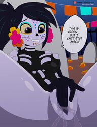 1girls animated black_hair bodypaint breasts catalina_la_catrina dia_de_los_muertos english_text female fingering gif hair_flower long_hair loquillo masturbation nipples ponytail purple_eyes purple_skin speech_bubble spread_legs text vagina yellow_sclera