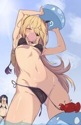 2girls ? armpits arms_up bare_arms bare_shoulders bikini black_bikini blonde_hair breasts bubble_blowing cameltoe chewing_gum cleft_of_venus crab fischl_(genshin_impact) from_below genshin_impact gluteal_fold green_eyes groin highres kkry99 long_hair looking_at_viewer medium_breasts mona_(genshin_impact) multiple_girls navel pulling side-tie_bikini slime_(genshin_impact) slime_monster solo_focus standing stomach string_bikini swimsuit thighs two_side_up untied untied_bikini very_long_hair wardrobe_malfunction