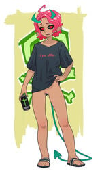 1girls beauty_mark black_shirt bottomless demon demon_girl demon_horns demon_tail feet female female_focus gamer gamer_girl holding_can holding_drink horns looking_at_viewer oc oerba_yun_fang open_mouth original pink_hair pussy red_eyes sandals shaved_pussy short_hair simple_background small_breasts solo succubus tail text text_on_clothing the_pink_pirate tshirt worried_expression