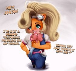 absurd_res activision anthro balls_outline big_breasts big_penis blonde_hair blue_eyes bodily_fluids breaking_the_fourth_wall breasts bulge clothed clothing coco_bandicoot crash_(series) detailed_bulge dialogue dwn000 english_text erection erection_under_clothing eyewear furry futanari genital_fluids genital_outline genitals goggles goggles_on_head green_eyes gynomorph hair hand_on_hip hi_res huge_cock humanoid_genitalia humanoid_penis hyper hyper_genitalia hyper_penis intersex lips long_hair mammal marsupial penis ponytail precum presenting seductive simple_background smile solo text thick_bottom_lip video_games wide_hips