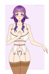 1girls alternate_costume bare_shoulders bare_thighs blush bride collarbone cryptid_crab fire_emblem fire_emblem:_the_sacred_stones garter_belt large_breasts lingerie looking_at_viewer lute_(fire_emblem) medium_hair nintendo panties purple_eyes purple_hair smile solo solo_female thighhighs white_panties