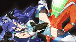 blue_hair breasts covered_navel covered_nipples female impossible_clothes impossible_leotard interspecies kazanari_tsubasa leotard long_hair medium_breasts monster noise_(symphogear) one_side_up penis purple_eyes pussy rape restrained senki_zesshou_symphogear sex shiny shiny_clothes shiny_hair shiny_skin skin_tight solo_focus spread_legs toranpo_rintarou torn_clothes torn_leotard