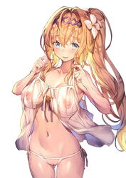 bangs bare_shoulders blonde_hair blue_eyes blush breasts cleft_of_venus commentary diadem eyebrows_visible_through_hair female flower granblue_fantasy hair_flower hair_ornament hip_focus jeanne_d'arc_(granblue_fantasy) large_breasts long_hair looking_at_viewer navel nipples open_mouth ponytail pussy redcomet revealing_clothes see-through simple_background smile solo uncensored white_background