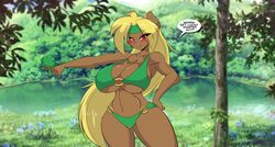 1girls 2019 anthro bear bikini blonde_hair breasts brown_fur cleavage female female_only four-leaf_clover furry hand_on_hip huge_breasts long_hair looking_at_viewer mastergodai muscular muscular_female pussy_zipper rascals red_eyes solo speech_bubble st._patrick's_day swimsuit text thick_thighs ursid very_long_hair voluptuous wide_hips zipper zipper_panties zoey_(mastergodai)