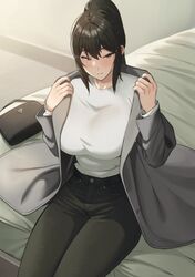 1girls animated bed big_breasts black_hair breasts embarrassed jagaimo kkamja large_breasts mature_female original solo tagme tight_clothing yoo_sena