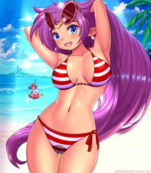 2girls arms_up beach big_breasts bikini blue_eyes blue_sky character_in_background earrings female female_only legs_together multiple_girls ocean open_mouth palm_tree peeing peeing_on_self piss_soaked_clothes purple_hair pussy sand shantae shantae_(character) smile smooth_skin solo_focus standing standing_pee tagme tagme_(artist) twistedscarlett60 urinating urination urine urine_on_legs urine_stream vulva water watersports wave waves wet_clothes wetting_clothing