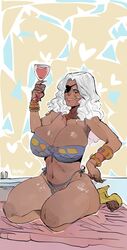 1girls 2d 5_fingers abstract_background ana_amari beachwear beverage beverage_glass beverage_in_hand blizzard_entertainment bracelet bracelets cleavage dark-skinned_female dark_skin drawn egyptian eyepatch facial_mark facial_tattoo female female_only gilf hair_down high_heels human jewelry kafka_art large_breasts long_fingernails long_hair looking_at_viewer mature mature_female midriff nasolabial_folds navel necklace old_ana_amari overwatch smile smiling solo swimwear tattoo thighs white_hair white_sclera wristwear