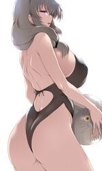 ass back_cutout ball bare_shoulders beachball breasts clothing_cutout commentary_request covered_erect_nipples female from_below hair_over_shoulder highres large_breasts long_hair looking_to_the_side low-tied_long_hair one-piece_swimsuit purple_eyes sideboob silver_hair swimsuit thighs tsukasawa_takamatsu uzaki-chan_wa_asobitai! uzaki_tsuki white_background