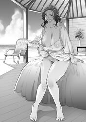 against_bed areola areola_slip beach big_breasts collarbone curvy dress greyscale huge_breasts lesson_wonder lifted lifted_by_self lifting looking_at_viewer mature mature_female milf monochrome nipple_slip nipples nipples_visible_through_clothing no_bra no_panties original original_character plump seaside see-through sitting sitting_on_bed smile smiling thick_thighs thighs