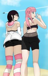 2girls ass ayakashi_triangle back beach bike_shorts black_hair blue_eyes clothing kanade_suzu korogi_reo legs looking_back pink_eyes pink_hair short_hair skin_tight spats stockings sweat thick_thighs thighhighs thighs twintails upskirt yorhaeater