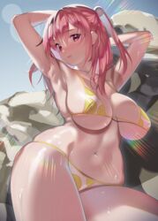 absurdres armpits arms_behind_head arms_up azur_lane bangs bare_shoulders bikini blush breasts cleavage collarbone dead_or_alive female highres honoka_(doa) large_breasts looking_at_viewer medium_hair nanaken_nana navel one_side_up open_mouth pink_eyes pink_hair polka_dot polka_dot_bikini swimsuit tecmo thighs wet yellow_bikini