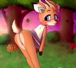 animal_crossing animal_humanoid antelope anthro ass backsack balls beau_(animal_crossing) bent_over blue_eyes blush bovid bovid_humanoid bovine bovine_humanoid clothed clothing digital_media_(artwork) fawningadoration fur genitals hi_res hooves horn humanoid looking_back male mammal mammal_humanoid nintendo orange_body orange_fur presenting presenting_hindquarters shirt smile solo topwear video_games white_body white_fur