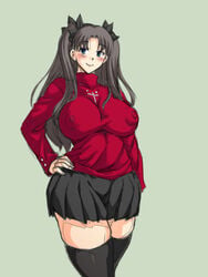 1girls aoyamantarou big_breasts blush breasts busty curvy dress dress_shirt fate/stay_night fate_(series) female female_only legwear nipples nipples_visible_through_clothing skirt thick_thighs thighhighs thighs tohsaka_rin twintails voluptuous