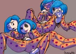 2019 2girls blue_hair brown_eyes button_eyes color commission coraline coraline_jones female female_only fingering highres pajamas selfcest sweeneyfish yuri