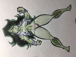 angry areola_slip areolae female green_skin grimace large_breasts long_hair marvel pink_panties pizzalazerbot she-hulk solo torn_clothes traditional_media_(artwork)