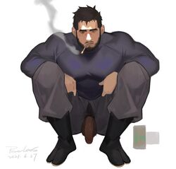 1boy artist_name bara beard cigarette facial_hair flaccid foreskin full_body highres large_pectorals long_sleeves looking_at_viewer male_focus male_only male_pubic_hair mature_male muscular muscular_male open_fly original pectorals penis powerlesssong pubic_hair shirt short_hair smoke smoking socks solo solo_male squatting tight tight_shirt uncensored