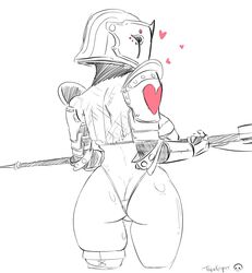 armor ass dat_ass female for_honor heart helmet hi_res lawbringer_(for_honor) looking_back medieval_armour monochrome polearm rule_63 sketch solo thicckeeper thick_thighs thong video_games