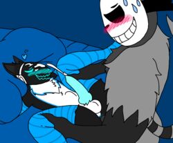 2boys anal_penetration anal_sex bedroom blue_arm_warmers blue_bed_sheet blue_leg_warmers blue_penis blushing cum cum_on_self cum_on_visor cumming_from_anal_sex cumshot floofy_(protogen) floofyprotogen fur_(character) furry furry_only gay knot leash male_only on_bed open_legs protogen riskaver_(artist) stomach_bulge sweating