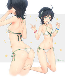 ahoge ass barefoot bikini black_hair braid breasts commentary_request crown_braid dan_(kumadan) female green_eyes kantai_collection kneeling matsukaze_(kantai_collection) multiple_views open_mouth short_hair small_breasts smile star_(symbol) swimsuit white_bikini