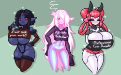 3girls bottomless breasts cleavage clothed clothing deem_(arhquarium) female female_only huge_breasts humanoid limebreaker multi_eye partially_clothed pink_body pulse_(zedrinbutt) purple_skin robot robot_girl scylle_(marikbentusi) standing t-shirt text thick_thighs thighhighs wide_hips