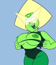 1girls alien alien_girl big_breasts blonde_hair breasts cartoon_network clothing drpizzaboi1 female female_only flashing flashing_breasts gem_(species) green_body green_nipples green_skin grey_eyes large_breasts nipples open_mouth peridot_(steven_universe) ripped_clothing smile solo steven_universe torn_clothes torn_clothing visor