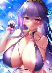 1girls 2021 armpit_crease artist_signature bangs bare_arms bb_(fate) bb_(swimsuit_mooncancer) bikini blue_sky blush breasts cleavage earrings eyebrows_visible_through_hair fate/extra_ccc fate/grand_order fate_(series) female female_focus female_only hi_res huge_breasts jewelry lee-taro long_hair looking_at_viewer outdoors pale-skinned_female pale_skin purple_bikini purple_eyes purple_hair ribbon smile smiling_at_viewer star_(symbol) swimsuit very_long_hair