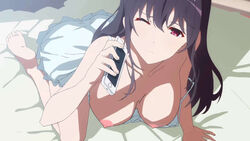 1girls barefoot bed breasts female female_only kasumigaoka_utaha long_hair looking_at_viewer nude_edit nude_filter on_all_fours on_bed on_knees pajamas phone saenai_heroine_no_sodatekata smartphone solo tagme topless underwear woken_up