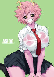 1girls bangs black_sclera black_skirt blush bnc_(bunshi) breasts character_name collared_shirt colored_sclera colored_skin female green_background grin large_breasts looking_at_viewer mina_ashido my_hero_academia necktie pink_hair pink_skin pleated_skirt school_uniform shirt short_hair short_sleeves sitting skirt smile solo thighs wariza wet wet_clothes white_shirt yellow_eyes