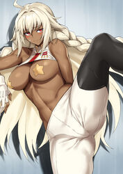 ass bangs bare_shoulders blonde_hair blush bnc_(bunshi) braid breasts cleavage dark-skinned_female dark_skin eyebrows_visible_through_hair fate/grand_order fate_(series) female lakshmibai_(fate) lakshmibai_(fate/grand_order) large_breasts leg_up long_hair looking_at_viewer navel pasties red_eyes sleeveless solo spread_legs star_pasties sweatdrop