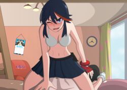 bed bedroom blue_eyes blue_hair bra breasts cowgirl_position cum dick esejota gloves kill_la_kill matoi_ryuuko penis riding skirt