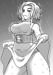 1girls big_breasts dress dress_lift dress_lifted_by_self female female_only kaina_tsutsumi lady_nagant line_art looking_at_viewer looking_down monochrome my_hero_academia pantyshot rain raining skirt_lift solo thick_thighs uninterested