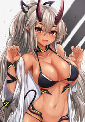 absurdres bangs bare_shoulders bikini blush breasts claw_pose cleavage dark-skinned_female dark_skin grey_hair highres horns large_breasts long_hair looking_at_viewer monster_girl navel oni oni_horns open_mouth original pointy_ears red_eyes ryara sidelocks smile solo stomach swimsuit tail